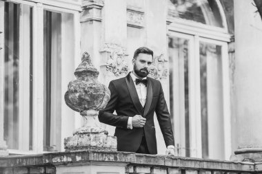 Açık mavi takım elbiseli yakışıklı Çinli genç bir adamın portresi ve beyaz atlet, güneşli bir günde modern şehir binalarıyla yürüyor ve uzaklara bakıyor, kendinden emin iş adamının yan görünüşü..