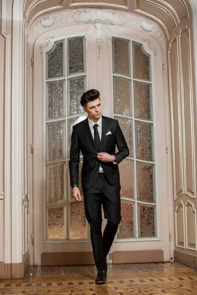 Handsome male model in a new suit in a beautiful room