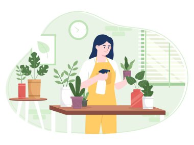 Bir kadın masadaki bitkilerle ilgileniyor. Bitkiler saksıda ve onlardan bir sürü var. Kadın önlük takıyor ve bitki konseptini sulamak için sprey kullanıyor.