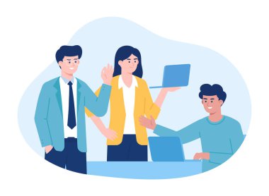 Ofiste çalışan iş adamları konsept düz illüstrasyon ile ilgili fikir alışverişinde bulunuyorlar.