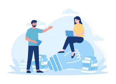 İnsanlar kitap ve lambalarla birlikte ders çalışıyor. Düz çizim kavramını benimsiyorlar.