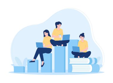 Düz çizim kavramına ilişkin kitapları olan dizüstü bilgisayar kullanan bir kadın