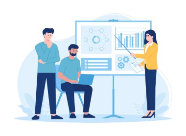 Kadın yönetici, konsept düz illüstrasyon eğilimi gösteren işçilere istatistikleri açıklıyor