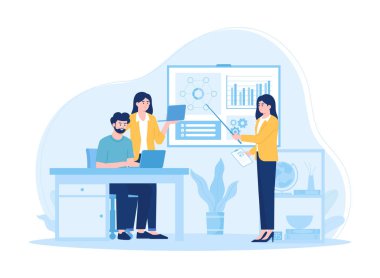 Yönetici çalışanlara istatistikleri açıklar. grafikler şirketlerin iş analizi ve pazarlama trend düz illüstrasyon