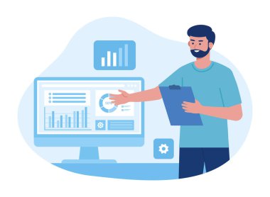 İşçiler, konseptin düz illüstrasyonuna ilişkin iş planlarını sundular