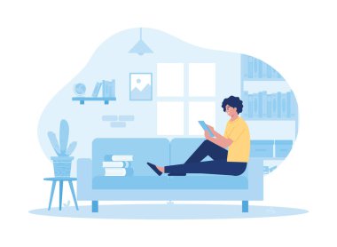 Oturma odasındaki kadın dinleniyor ve trend kavramının düz çizimleri üzerinde çalışıyor.