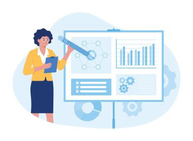 İş koçu istatistiksel büyüme grafiği gösteriyor. iş analizleri ve yönetim trend kavramı düz illüstrasyon