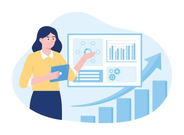 İş koçu istatistiksel büyüme grafiği gösteriyor. iş analizleri ve yönetim trend kavramı düz illüstrasyon