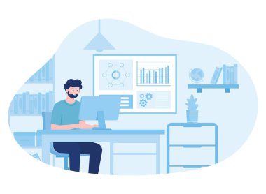 İş istatistiksel büyüme grafiği bir ofis masasında çalışan bir çalışanın konsept düz illüstrasyon eğilimi analizi
