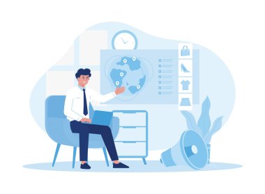 İş koçu istatistiksel büyüme grafiği gösteriyor. iş analizleri ve yönetim trend kavramı düz illüstrasyon