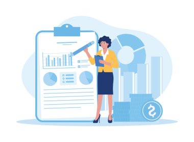 İş koçu istatistiksel büyüme grafiği gösteriyor. iş analizleri ve yönetim trend kavramı düz illüstrasyon