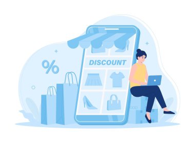 Akıllı telefon trend konsept düz illüstrasyon yoluyla internetten laptop alışverişi yapan kız