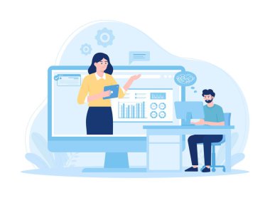 Müşteri hizmetleri ve çevrimiçi hizmetler web sitesi analistleri konsept düz illüstrasyon eğiliminde