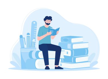 Eğitimde öğrenim gören öğrencilerin kitap başında oturması ve trend kavramının düz resimlerini okuması