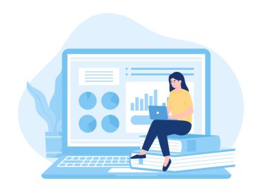 Bir kız öğrenci dizüstü bilgisayarının trend kavramını kullanarak ders çalışıyor.