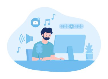 Bir işçi bilgisayar trend konsepti düz illüstrasyon üzerinde müzik çalar