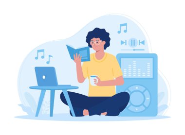 Kitap okuyan ve müzik dinleyen bir kadın konsept düz çizim