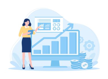 Bir çalışan, konsept düz illüstrasyonda iş geliştirme sunar