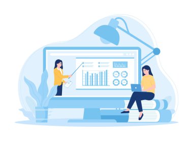 Bir kız öğrenci dizüstü bilgisayarının trend kavramını kullanarak ders çalışıyor.