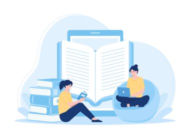 İki kadın online olarak trend konsepti düz çizim üzerinde çalışıyor.