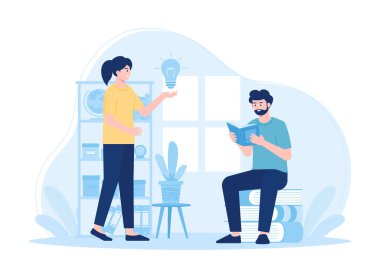 Bir erkek ve bir kadın birlikte okuyorlar trend konsepti düz çizim