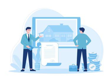 İki iş ortağı iş ilişkilerinde trend konseptini düz illüstrasyon haline getirdi