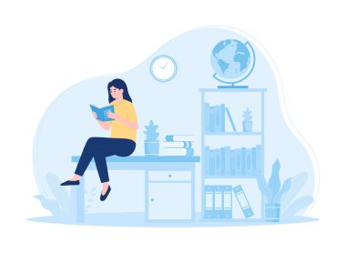 Bir öğrenci çalışma masasında oturmuş düz çizim kavramını anlatan bir kitap okuyor.