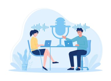 Kadınlar ve erkekler podcast yapıyor. Konsept düz çizim yapıyorlar.