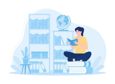 Kütüphanede kitap okuyan bir kadın konsept düz çizim yapıyor.