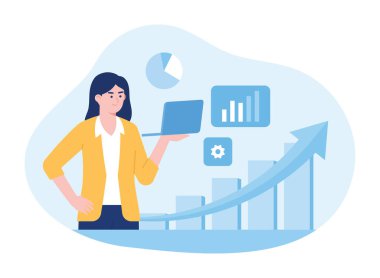 Bir kadın iş büyümesi grafiklerini analiz ederken konsept düz çizim