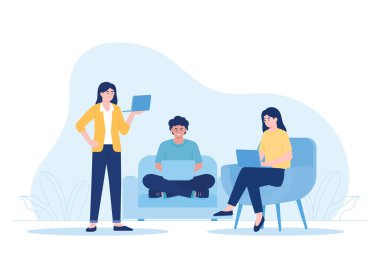 Ofisteki bilgisayar masalarında oturan ve ayakta duran çalışanlar. Ergonomik çalışmalarda çizgi film erkek ve kadınları konsept düz illüstrasyon eğiliminde