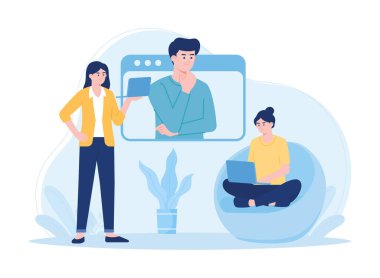 İşçiler çevrimiçi toplantılar düzenliyor konsept düz illüstrasyon eğilimi