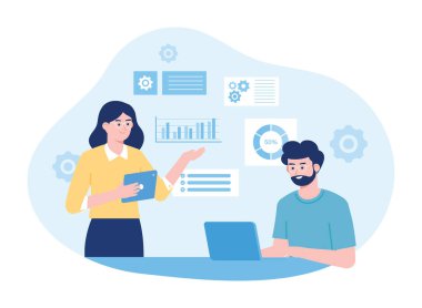 İnsanlar iş büyüme grafiklerini inceliyor. Düz çizim kavramını inceliyorlar.