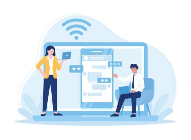 Çevrimiçi trend konsepti hakkında konuşan iki çalışan çift düz çizim