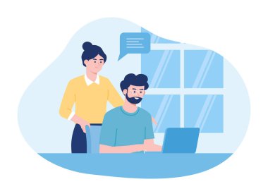 Çalışanlar sohbet ediyor ve trend konsepti düz illüstrasyon üzerinde çalışıyor