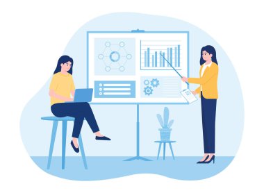 Çalışanlar büyüme verisi konseptini düz illüstrasyonla analiz ediyorlar