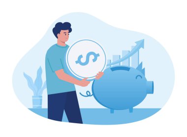 Domuzcuk bankasına yatırım yapan bir adam konsept düz illüstrasyon
