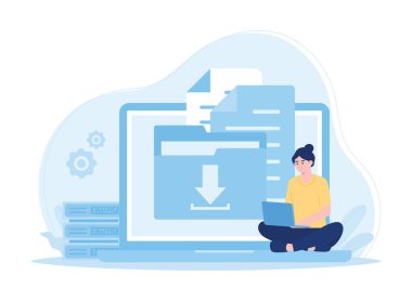 Bir kadın dosya indirme eğilimi konsepti düz illüstrasyon