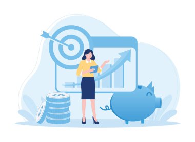 İş kadını ve ok ve sikkeli hedef kavramsal düz illüstrasyon eğilimi