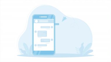 Akıllı telefon düz tasarım animasyonuyla mesaj gönder. Modern düz çizim grafikleri göndermek için akıllı telefon kullanan bir kadın.