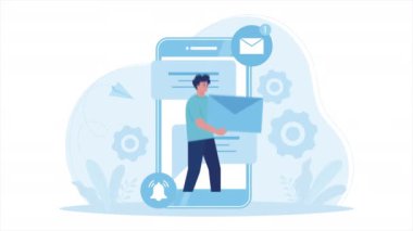 Akıllı telefon düz tasarım animasyonuyla mesaj gönder. Modern düz çizim grafikleri göndermek için akıllı telefon kullanan bir adam oturuyor
