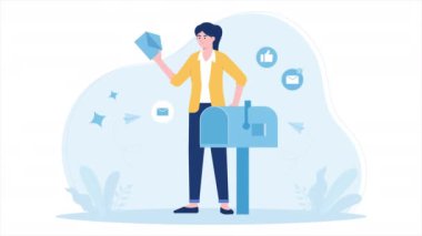 Bir kadın düz dizayn animasyon e-postaları gönderir ve alır. Dizüstü bilgisayar ve posta kutusu modern düz çizim grafikleri ile e-posta gönderme ve alma süreci