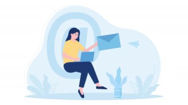 Bir kadın düz dizayn animasyon e-postaları gönderir ve alır. Dizüstü bilgisayar ve posta kutusu modern düz çizim grafikleri ile e-posta gönderme ve alma süreci