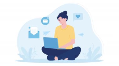 Bir kadın düz dizayn animasyon e-postaları gönderir ve alır. Dizüstü bilgisayar ve posta kutusu modern düz çizim grafikleri ile e-posta gönderme ve alma süreci