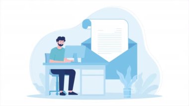 Bir adam belgeleri e-posta düz tasarım animasyonu ile gönderir. 