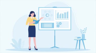 Bayan yönetici beyaz tahta dizayn animasyonunda iş stratejisi sunuyor. webinar ve iş istatistikleri düz illüstrasyon konsept hareket grafikleri