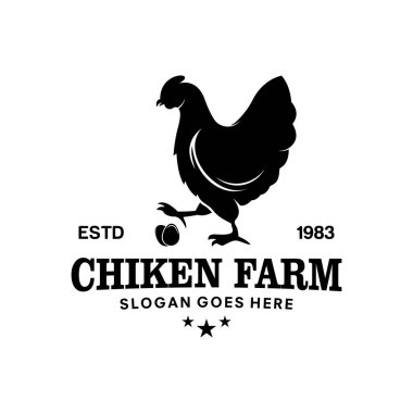 Tavuk çiftliği logosu. Doğal tarım ürünleri için. Beyaz arka planda logoti izole edilmiş. Tavuk logolu çiftlik