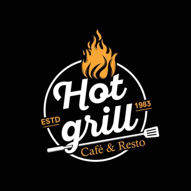 Barbekü logosu tasarımı. ızgara yiyecek, ateş ve spatula konsepti vektör düz illüstrasyon