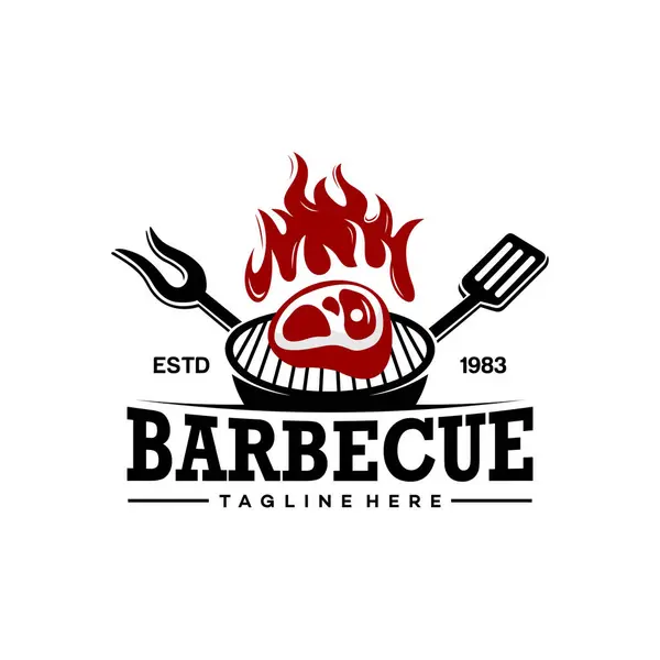 Barbekü logosu tasarımı. ızgara yiyecek, ateş ve spatula konsepti vektör düz illüstrasyon