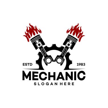 Vites ve pistonlar. dişli piston amblem logosu. Piston ve Gear elementleriyle amblem. Otomotiv şirketi için mükemmel bir logo..